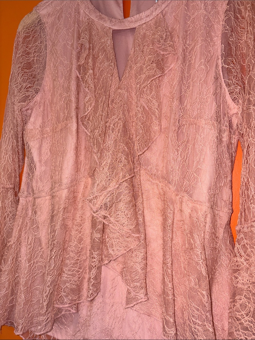 Isaac Mizrahi Live  Dusty Pink Lace Ruffle Blouse Woman’s Size 10 Poets Sleeve - Picture 10 of 17